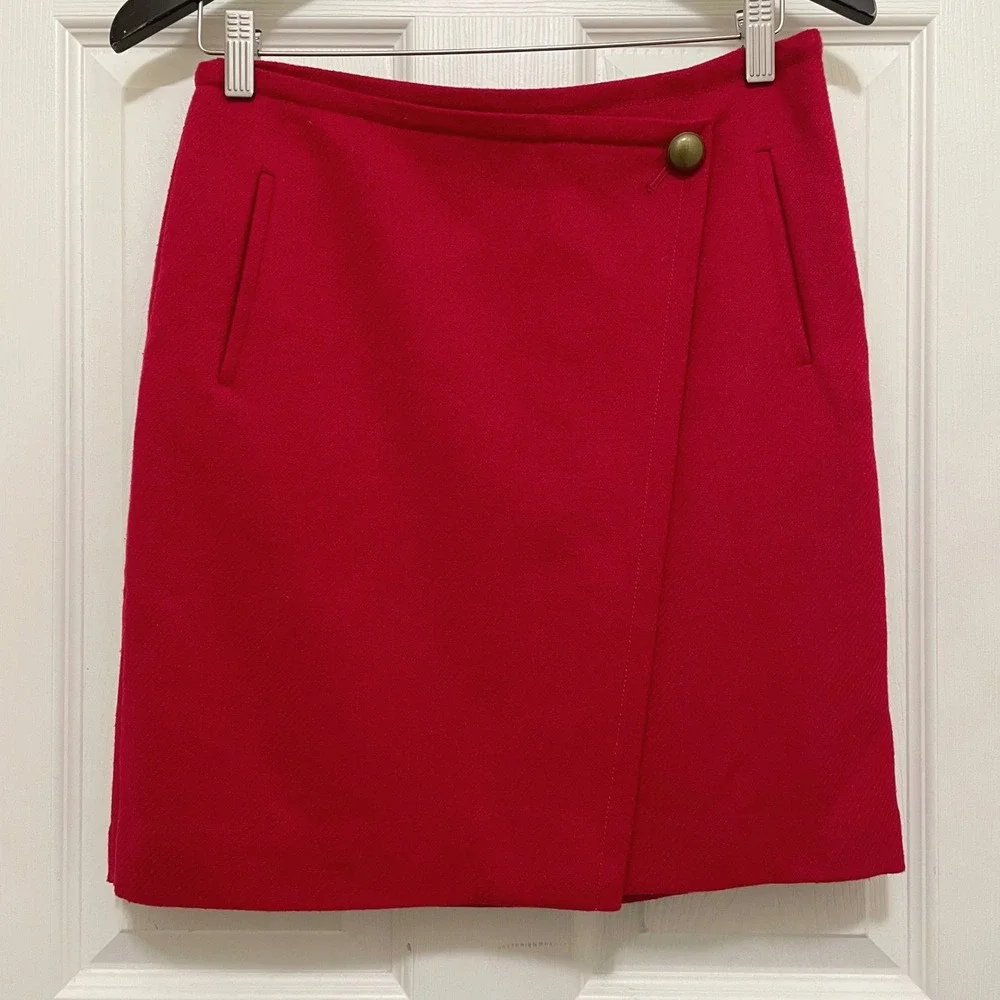 Talbots Petites Wool Blend Faux Wrap Skirt Red Above Knee Lined Office Preppy 2P